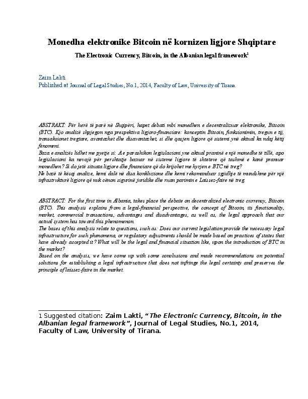 (DOC) Monedha elektronike Bitcoin në kornizen ligjore Shqiptare The