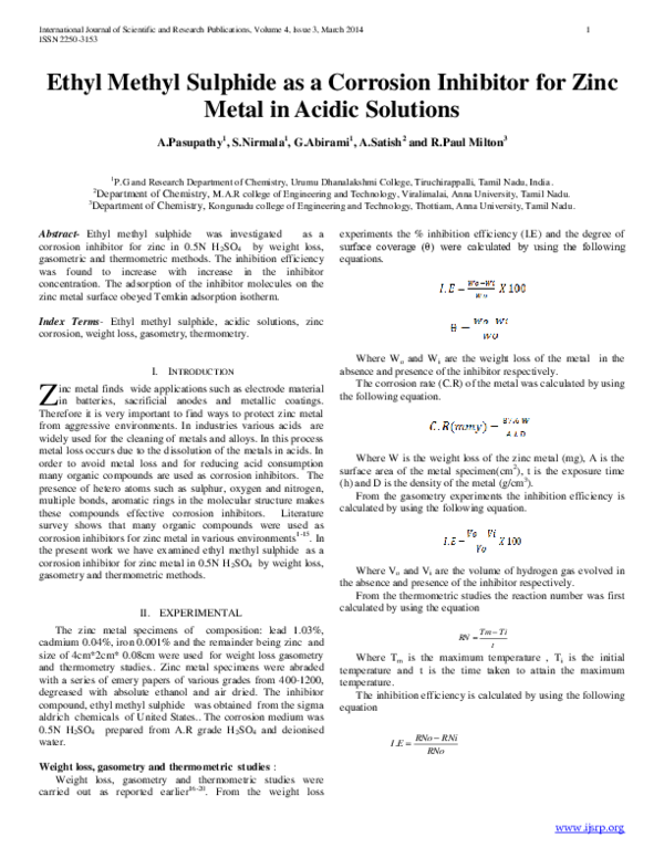 (PDF) Ethyl Methyl Sulphide as a Corrosion Inhibitor for Zinc Metal in