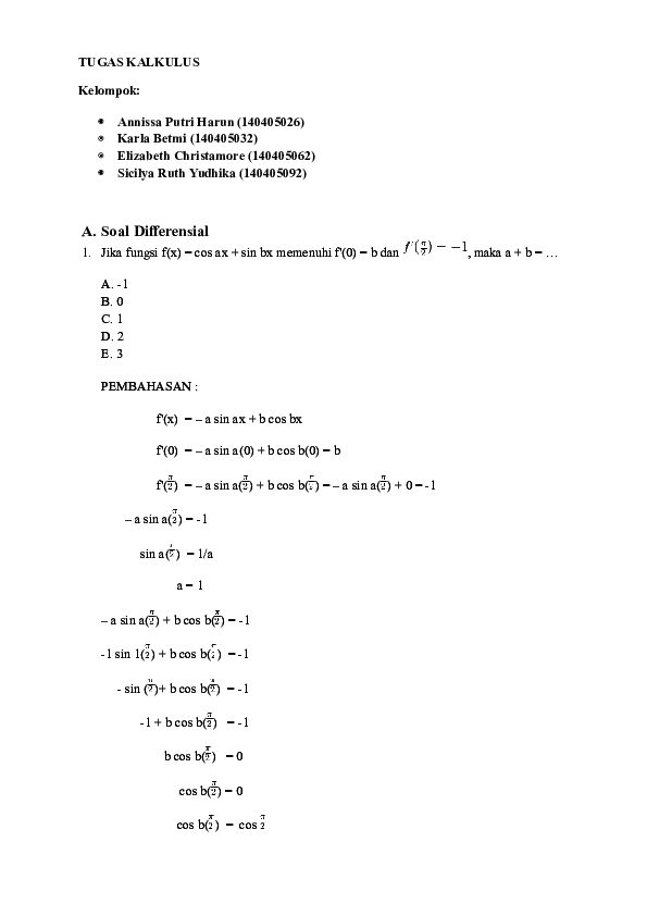 Doc Soal Dieferensial Dan Integral Serta Aplikasinya Sicilya Ruth Yudhika Hutagalung Academia Edu