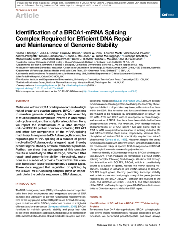 (PDF) Identification of a BRCA1-mRNA splicing complex required for ...