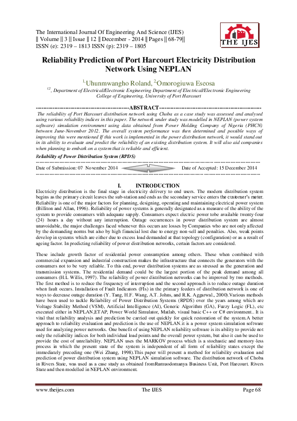 (PDF) Reliability Prediction of Port Harcourt Electricity Distribution ...