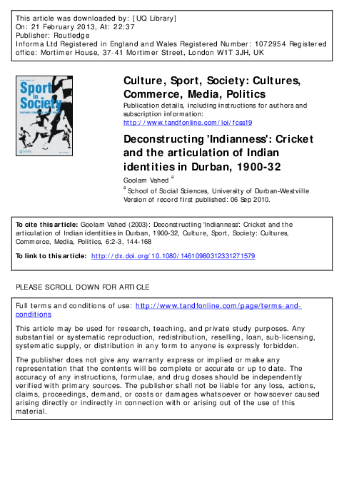 (PDF) Deconstructing “Indianness”: Cricket and the Articulation of ...