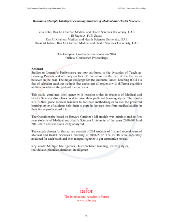 (PDF) Dominant Multiple Intelligences among Students of Medical and ...