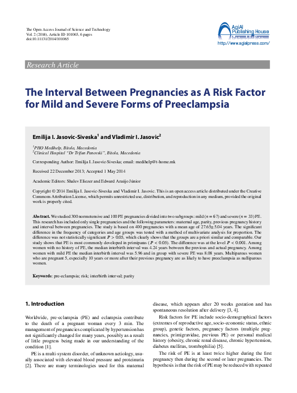 The Interval Between Pregnancies as A Risk Factor for Mild and Severe ...