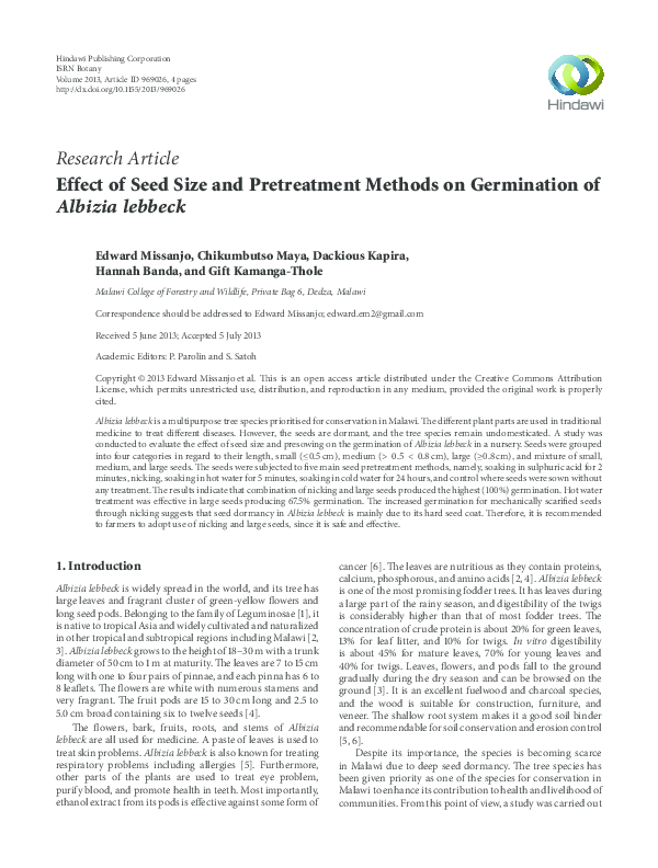 Pdf Effect Of Seed Size And Pretreatment Methods On Germination Of Albizia Lebbeck Edward Missanjo Academia Edu