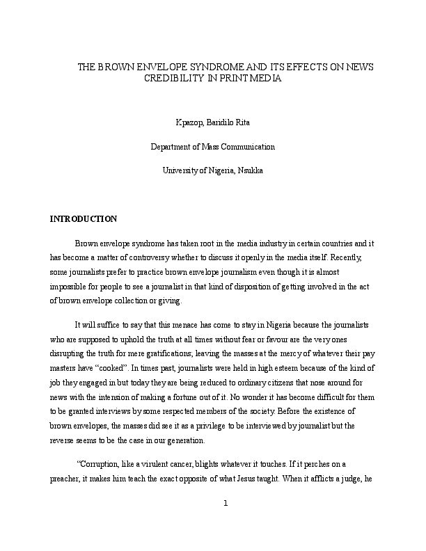 (DOC) THE BROWN ENVELOPE SYNDROME AND ITS EFFECTS ON NEWS CREDIBILITY