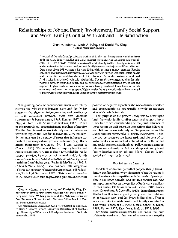 (PDF) Relationships of Job and Family Involvement, Family Social ...