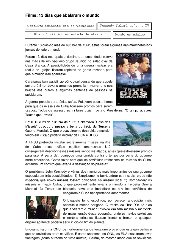 (PDF) Filme 13 dias que abalaram o mundo Conflito iminente com os vermelhos Seminário Direito (PDF) Filme 13 dias que abalaram o mundo Conflito iminente com os vermelhos Seminário Direito