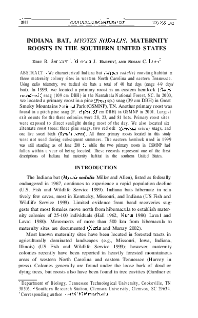(PDF) INDIANA BAT, MYOTIS SODALIS, MATERNITY ROOSTS IN THE SOUTHERN ...