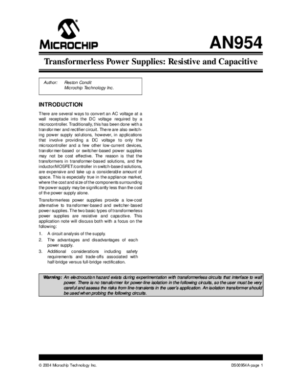 (PDF) AN954, Transformerless Power Supplies Resistive and Capacitive