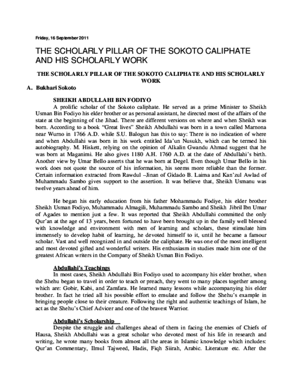 (PDF) Abdullahi ibn Fodiyo and his Scholarly Works Abdullahi Bukhari