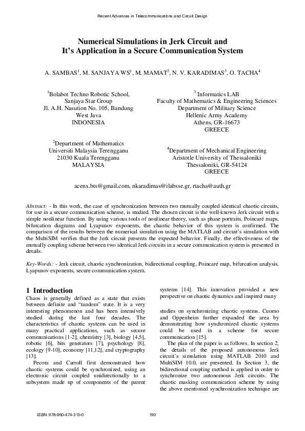 (PDF) Numerical Simulations in Jerk Circuit and It’s Application in a ...