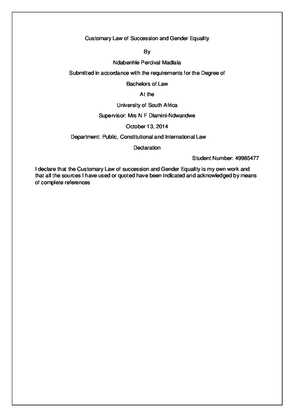 (PDF) Customary Law of Succession and Gender Equality in South Africa