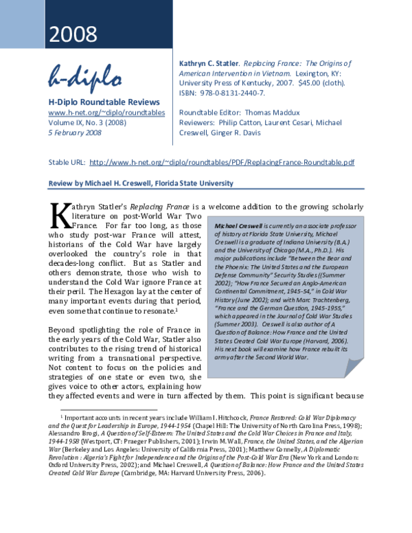 (PDF) Review of Kathryn C. Statler . Replacing France The Origins of