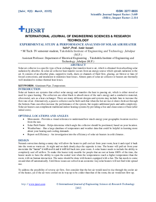 (PDF) EXPERIMENTAL STUDY & PERFORMANCE ANALYSIS OF SOLAR AIR HEATER