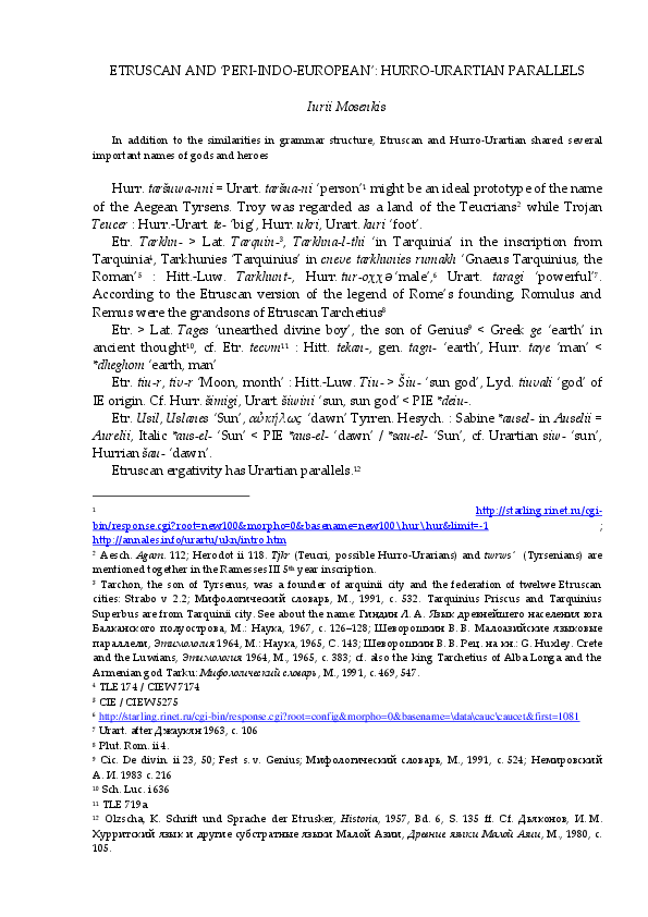 (PDF) ETRUSCAN AND ‘PERIINDOEUROPEAN’ HURROURARTIAN PARALLELS