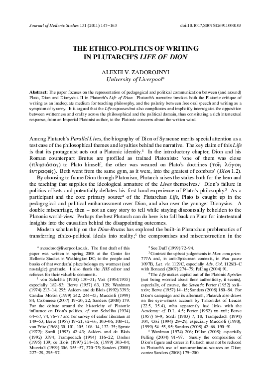 (PDF) The ethico-politics of writing in Plutarch's Life of Dion