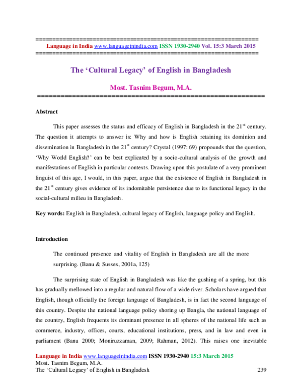 (PDF) The 'Cultural Legacy' of English in Bangladesh rose tasnim Academia.edu