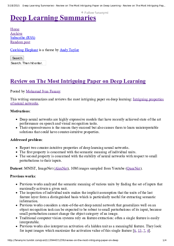 (PDF) Review on The Most Intriguing Paper on Deep Learning