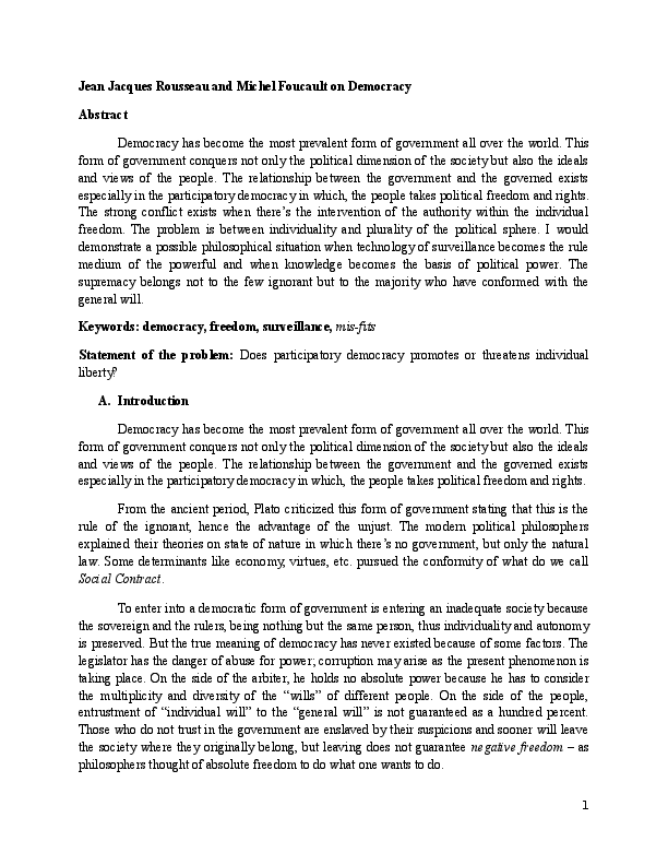 (DOC) Jean Jacques Rousseau and Michel Foucault on Democracy Vincent