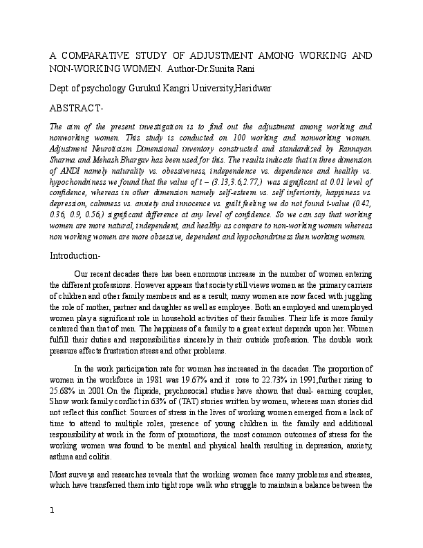 (DOC) A COMPARATIVE STUDY OF ADJUSTMENT AMONG WORKING AND NON-WORKING WOMEN