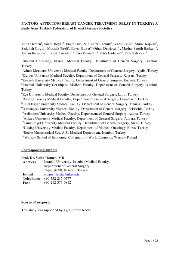 (PDF) FACTORS AFFECTING BREAST CANCER TREATMENT DELAY IN TURKEY: A ...
