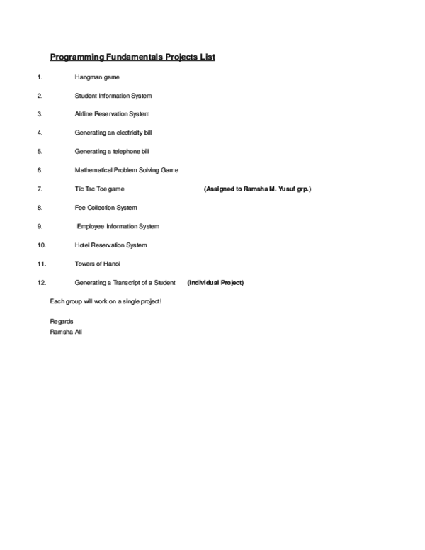 (DOC) Programming Fundamentals Projects List | beenish Siddiqui ...