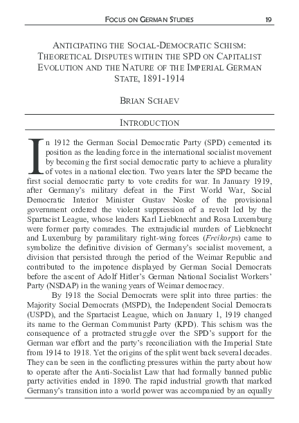 Anticipating the Social Democratic Schism: Theoretical Disputes within the SPD on Capitalist Evolution and the Nature of the Imperial German State, 1891-1914