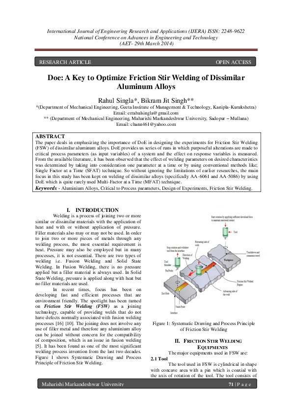 (PDF) Doe: A Key to Optimize Friction Stir Welding of Dissimilar ...