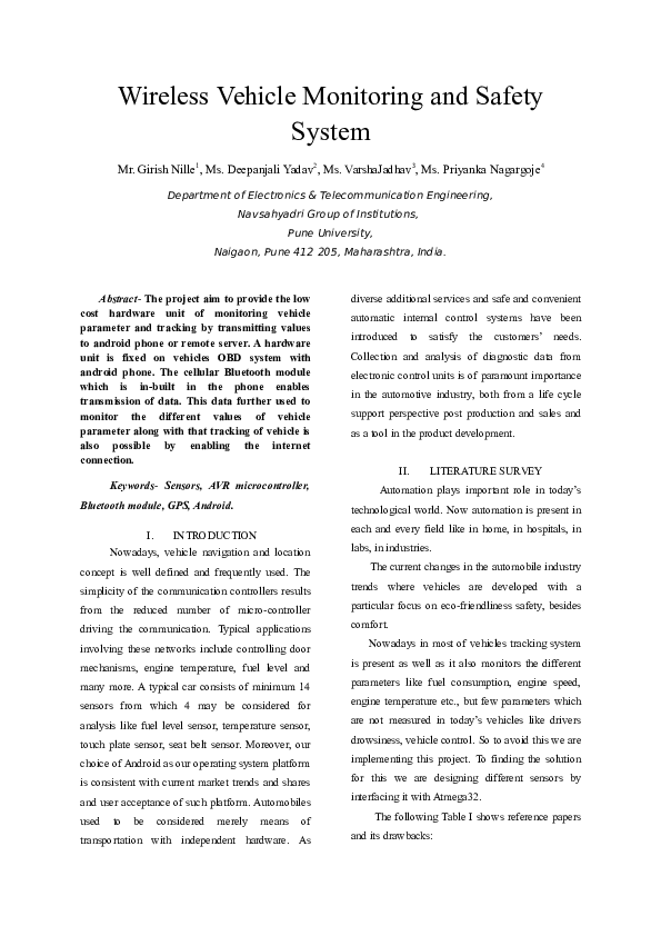 (DOC) Wireless Vehicle Monitoring and Safety System Girish Nille Academia.edu