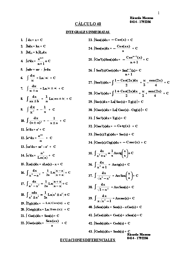 Doc Calculo 40 Integrales Inmediatas Wendy Gomez Academia Edu