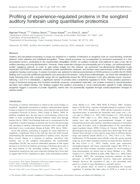 (PDF) Profiling of experience-regulated proteins in the songbird ...
