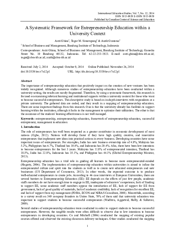 (PDF) A SYSTEMATIC FRAMEWORK FOR ENTREPRENEURSHIP EDUCATION WITHIN A ...