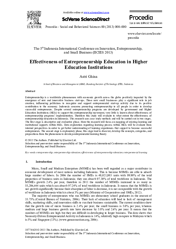 (DOC) Effectiveness of Entrepreneurship Education in Higher Education ...
