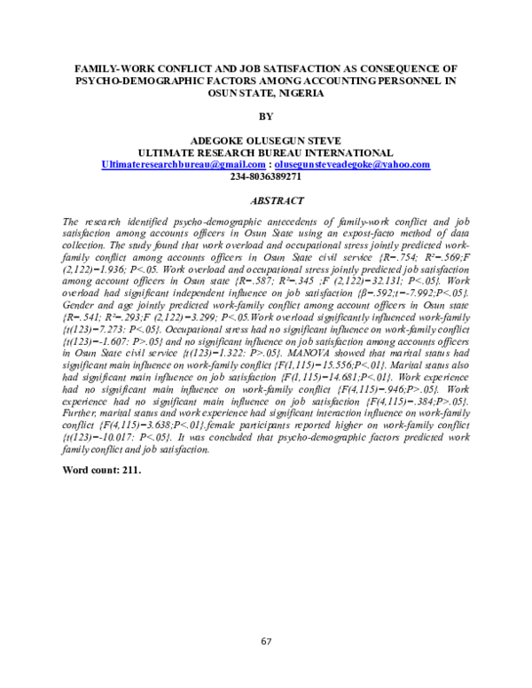 (PDF) work-family conflict and job satisfaction as consequence of ...