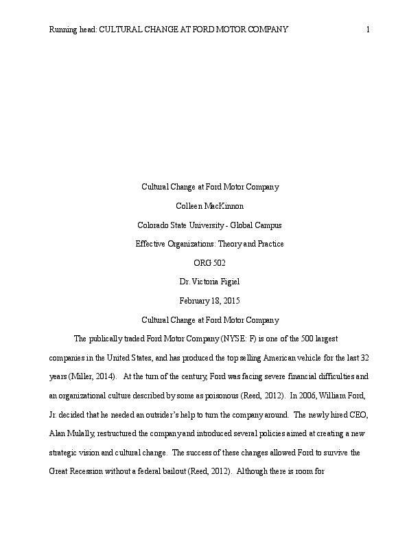 (DOC) Cultural Change at Ford Motor Company Colleen Mackinnon