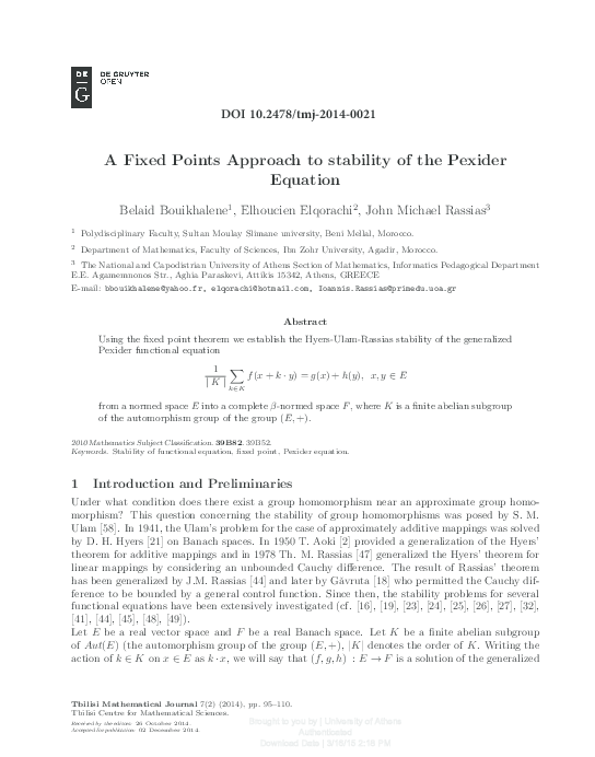 (PDF) A Fixed Points Approach to stability of the Pexider Equation
