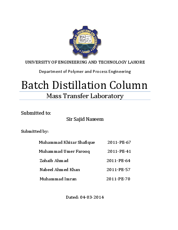 (PDF) Batch Distillation Column Muhammad Khizar Shafique and nabeel
