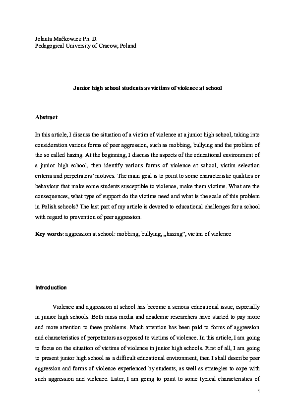 DOC Junior High School Students As Victims Of Violence At School 