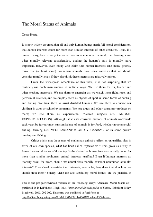 (PDF) The Moral Status of Animals Oscar Horta Academia.edu