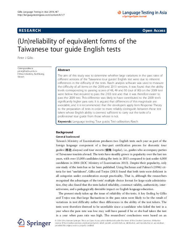 (PDF) (Un)reliability of equivalent forms of the Taiwanese tour guide ...