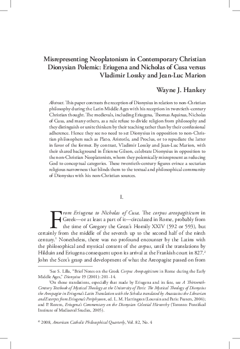 Misrepresenting Neoplatonism in Contemporary Christian Dionysian Polemic: Eriugena and Nicholas of Cusa versus Vladimir Lossky and Jean-Luc Marion