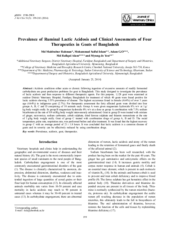 (PDF) Prevalence of Ruminal Lactic Acidosis and Clinical Assessments of