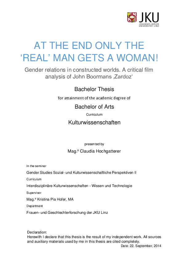 Pdf Bachelor Thesis At The End Only The Real Man Gets A Woman Gender Relations In Constructed Worlds A Critical Film Analysis Of John Boormans Zardoz Claudia Hochgatterer Academia Edu