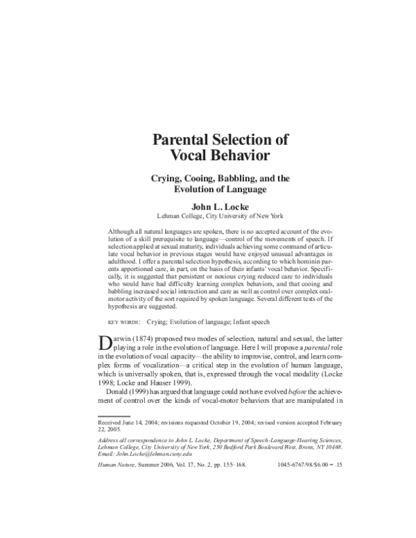 (PDF) Infant Vocal Behavior and Evolution of Language 155 Parental ...