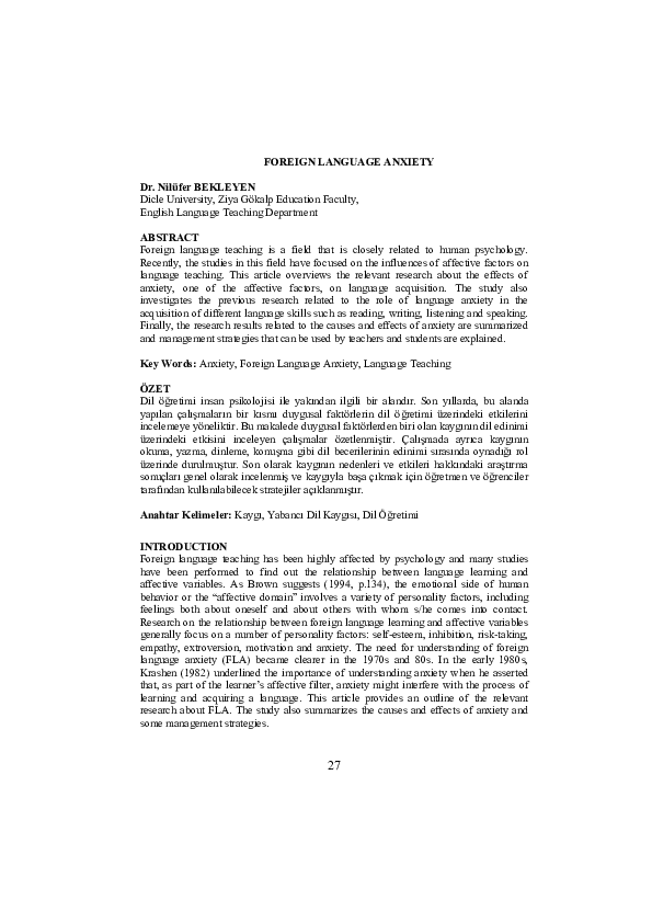PDF) FOREIGN LANGUAGE ANXIETY