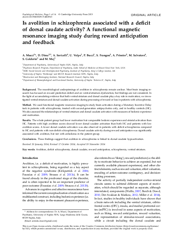 (PDF) Is avolition in schizophrenia associated with a deﬁcit of dorsal ...
