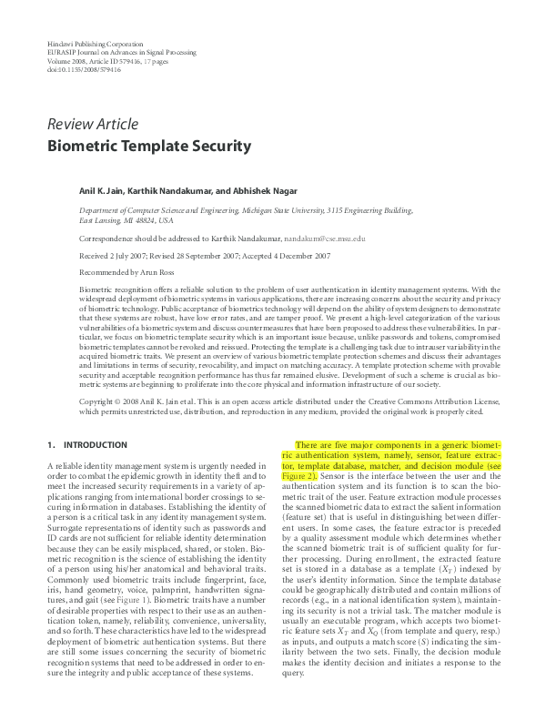 (PDF) Biometric Template Security Rehaan Kahn Academia.edu