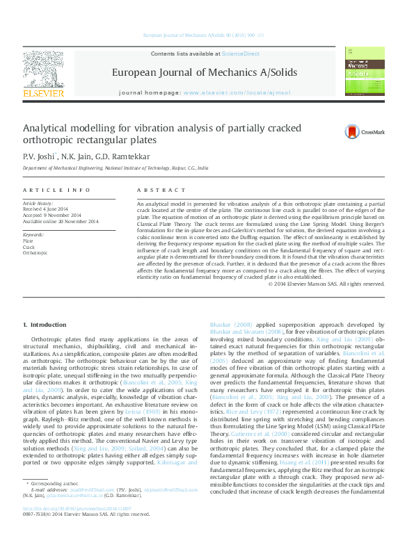 (PDF) nonlinear vibrations of specially orthotropic cracked plate