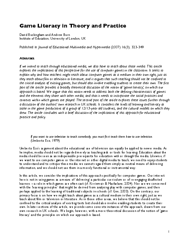 (PDF) Game literacy in theory and practice David Buckingham